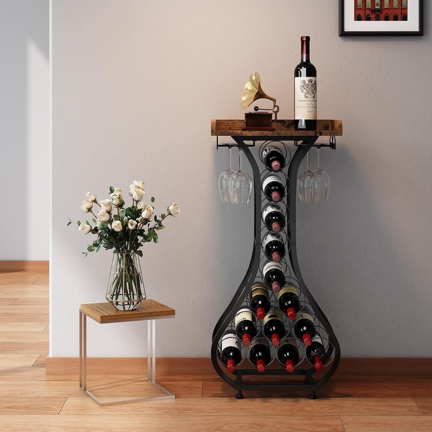 14 Bottle Freestanding Wine Rack with Glass Holder & Rustic Wood Top – Industrial Black Metal